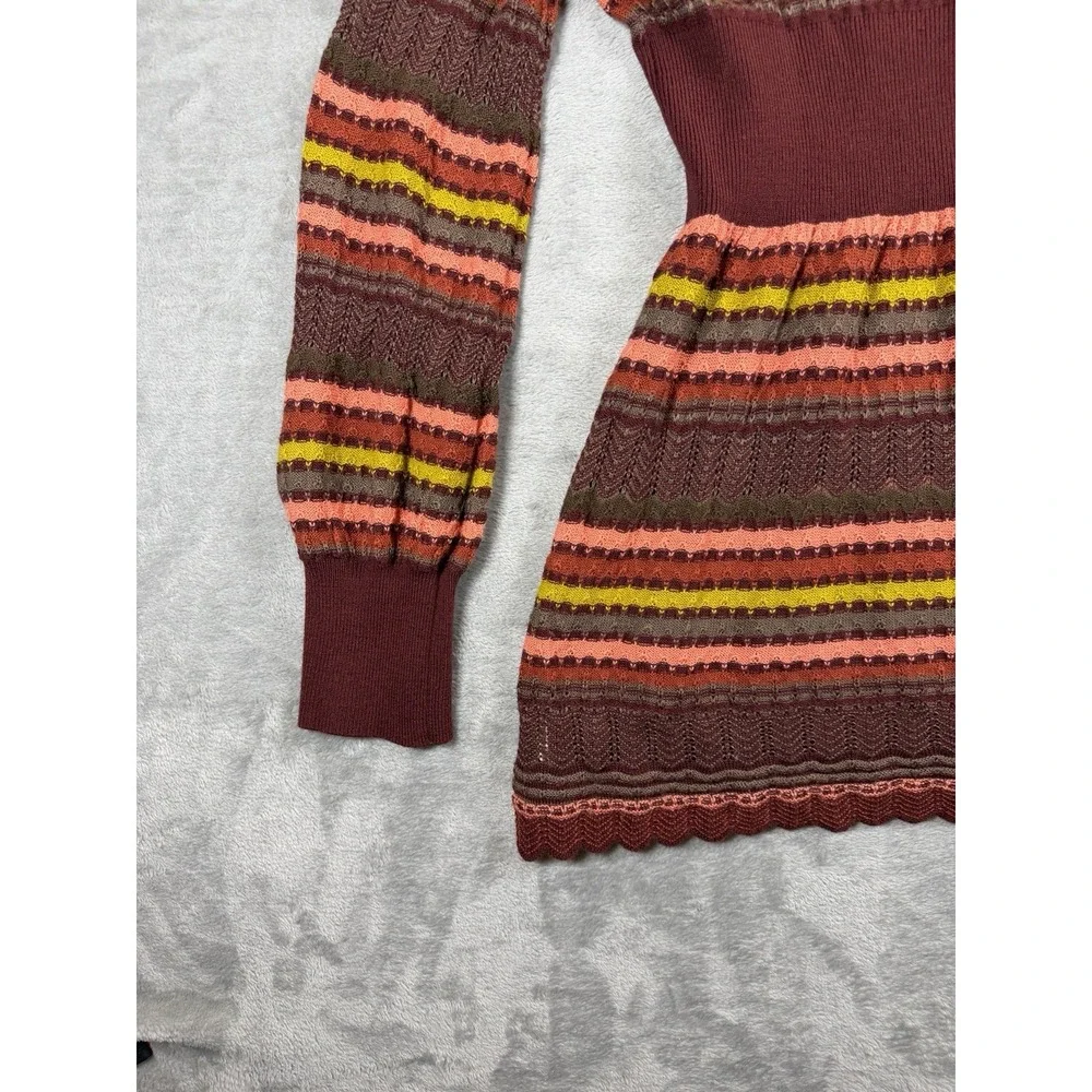 Free People Women's Boho Knit Sweater Tunic Burgundy Striped Long Sleeve Size L